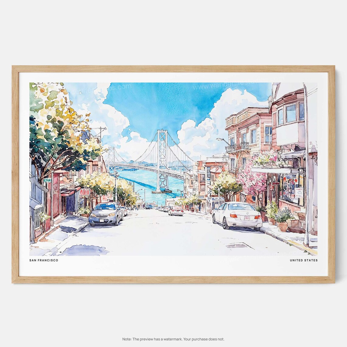 San Francisco Bay Bridge Watercolor City Street View Art Poster