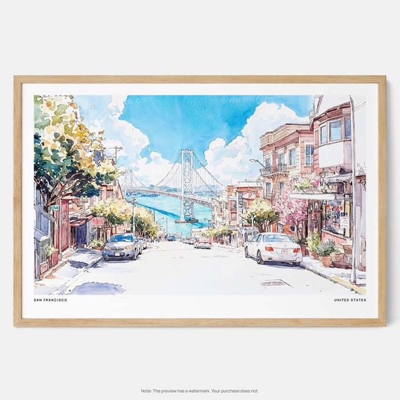San Francisco Watercolor Art Print Lombard Street Cityscape Wall