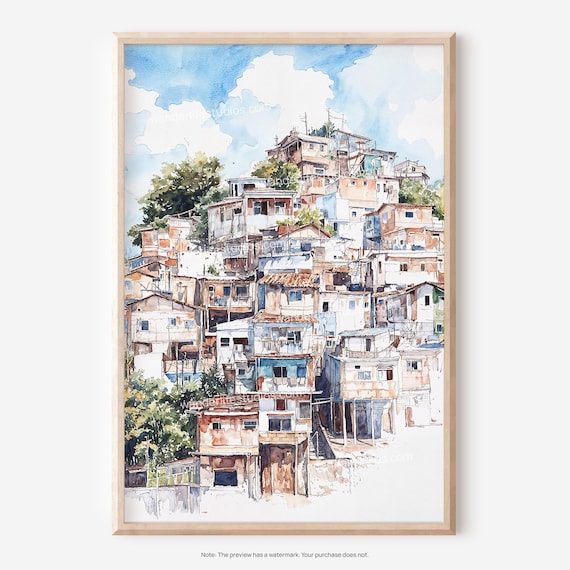 Rio De Janeiro Brazil Favela Hillside Watercolor Cityscape Poster