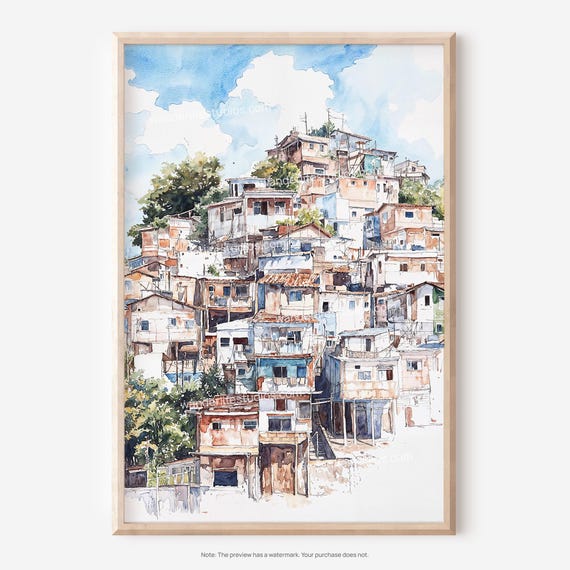 Rio De Janeiro Favelas Wall Art Watercolor Style Print