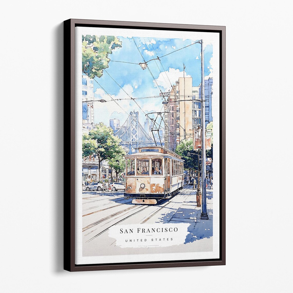 San Francisco Watercolor Canvas Art Print Cityscape With Historic Tram