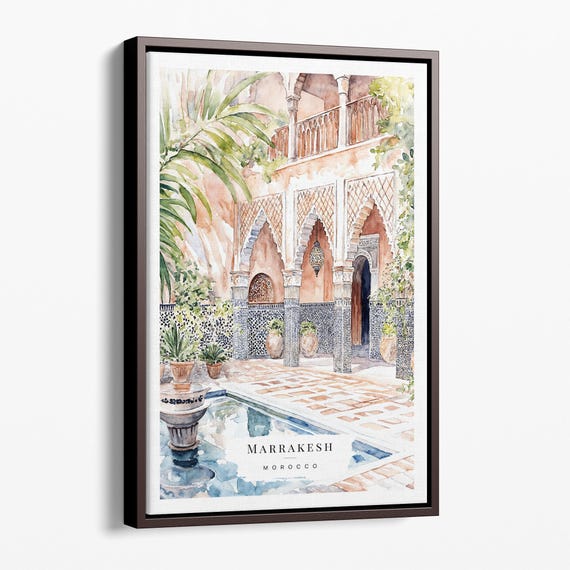 Marrakesh Morocco Watercolor Canvas Art Print Elegant Architectural