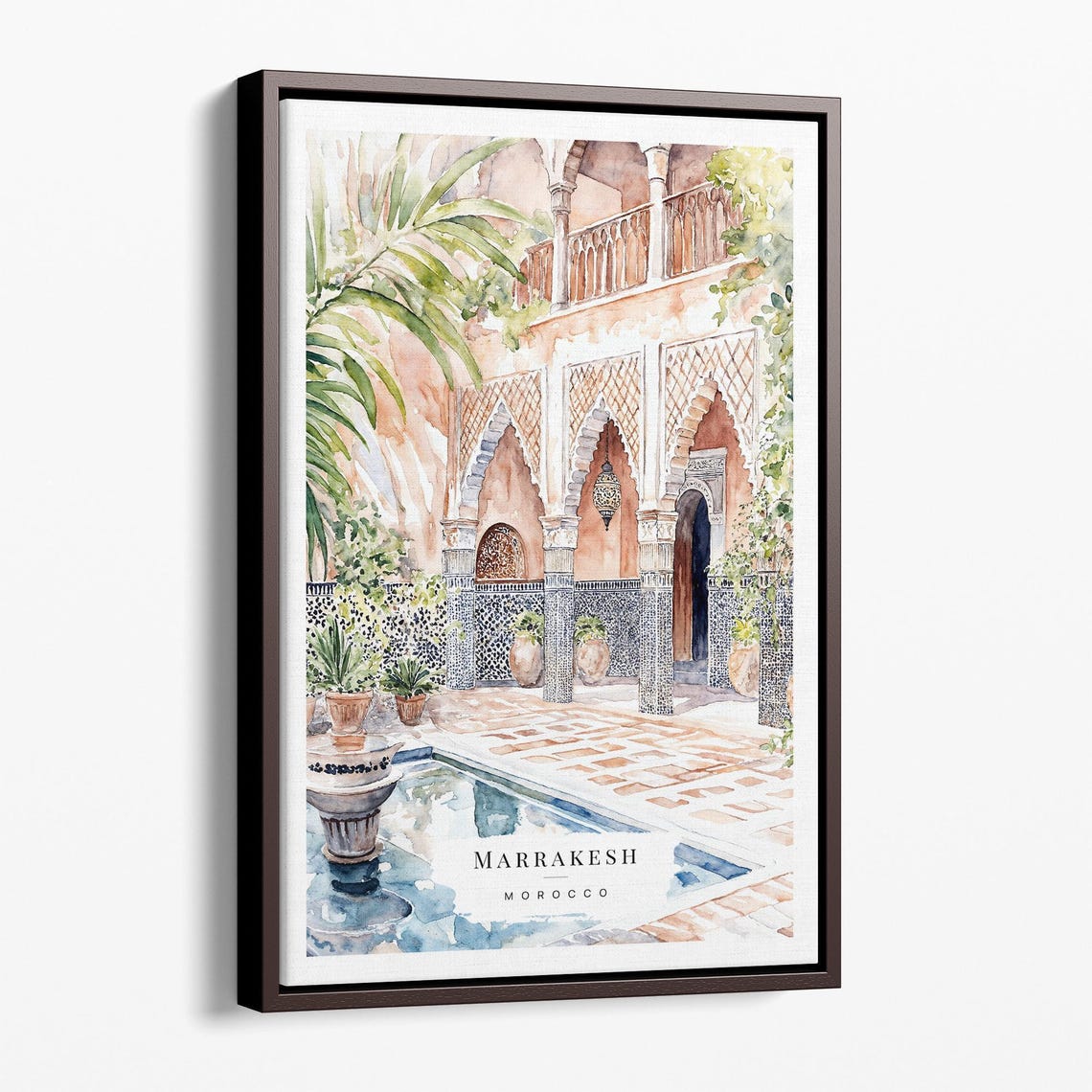 Marrakesh Riad Courtyard Arches Watercolor Morocco Art Poster