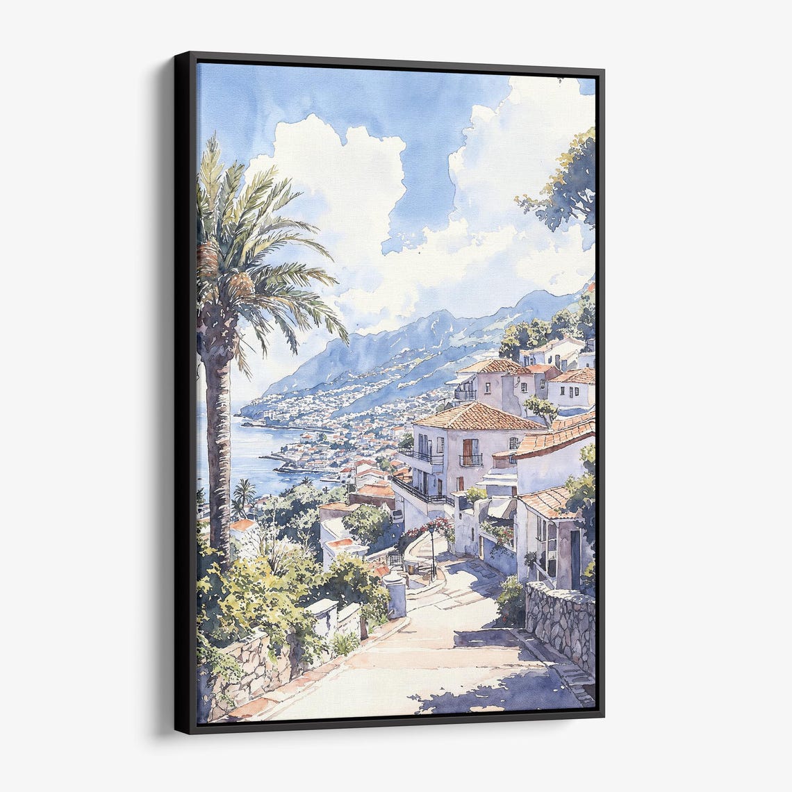 Whitewashed Mediterranean Coastal Village Palm Watercolor Poster