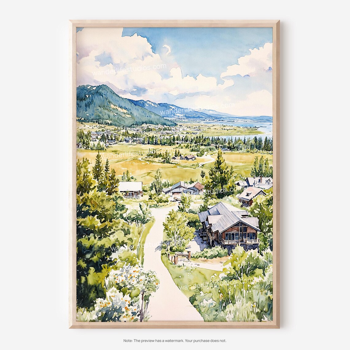 Alpine Village Valley Summer Meadows Watercolor Landscape Poster