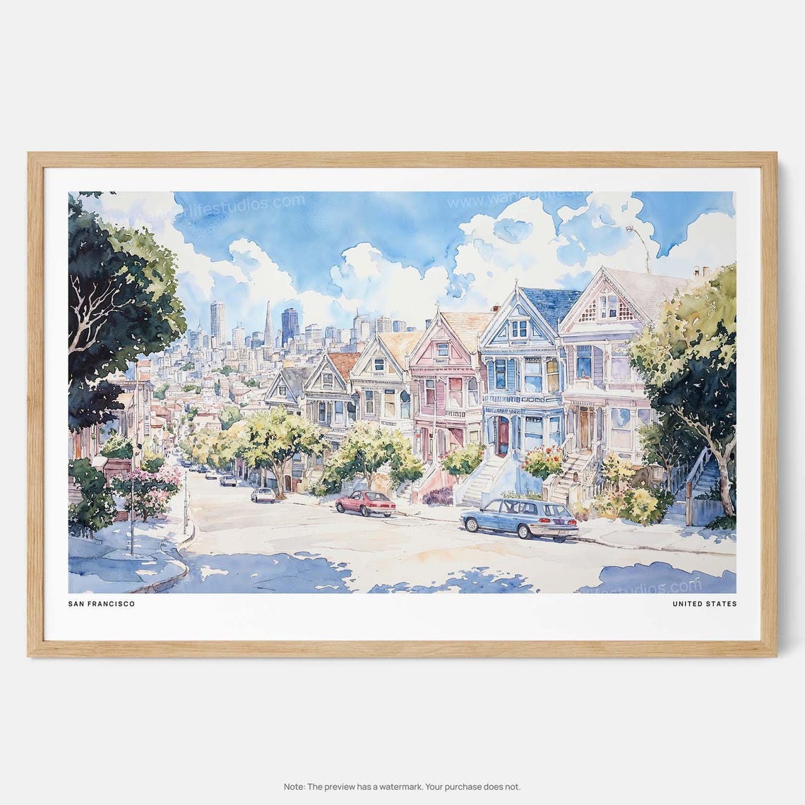 San Francisco Painted Ladies Victorian Street Watercolor Poster