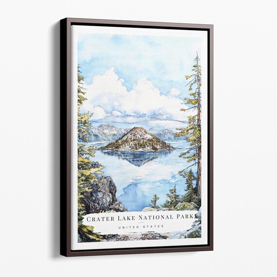 Serene Crater Lake National Park Watercolor Pines Travel Poster