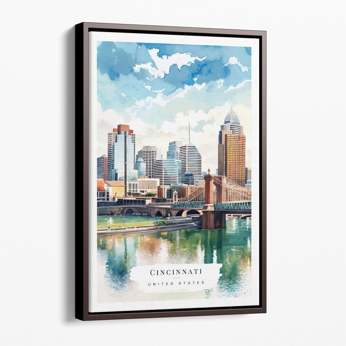 Cincinnati Skyline Ohio River Bridge Watercolor City Wall Art