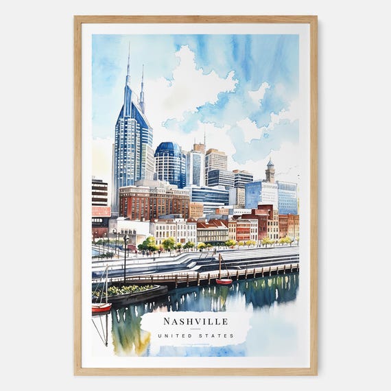 Nashville Skyline Watercolor Art Print Tennessee City Wall Usa Travel Gift Moving New Home