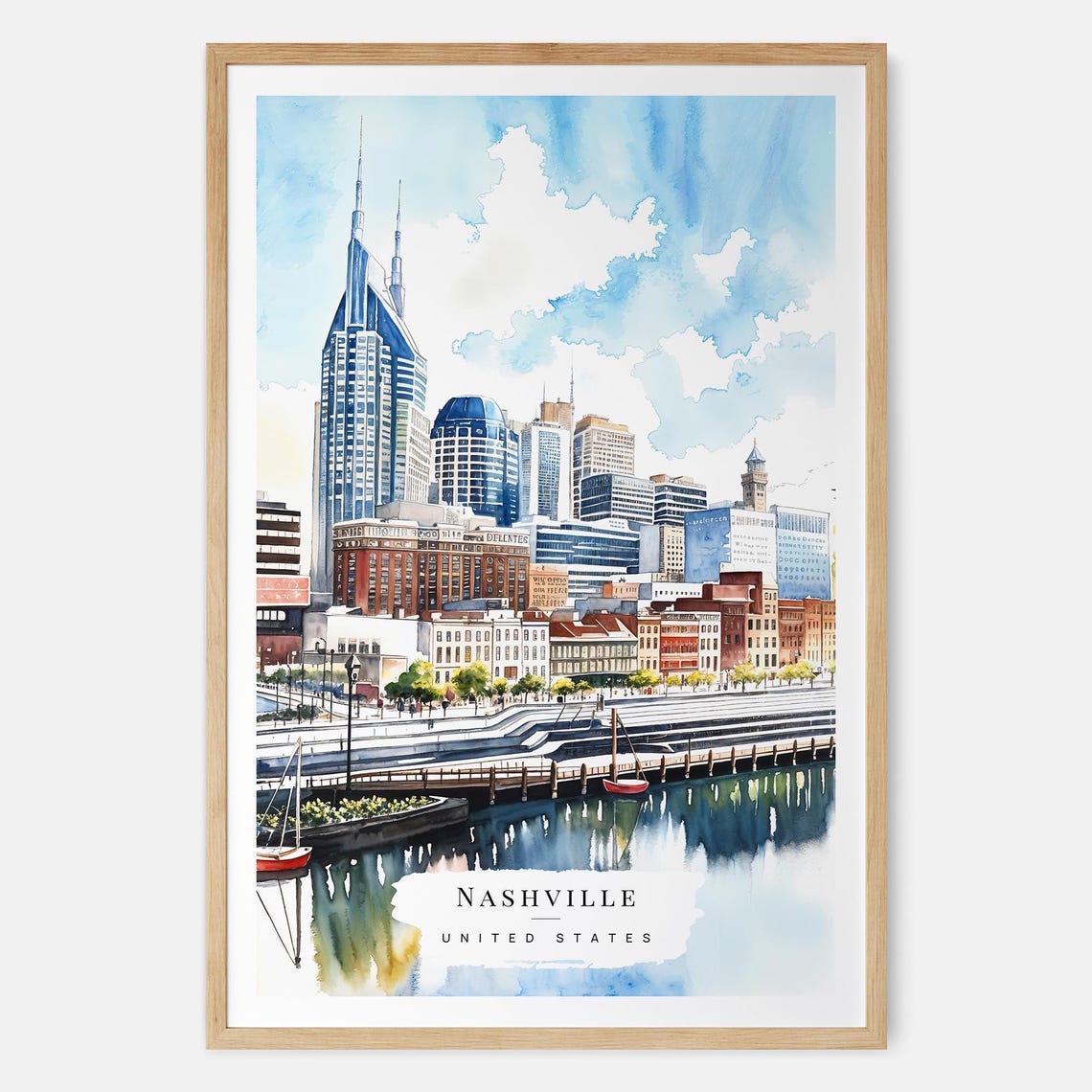 Nashville Skyline Watercolor Cityscape Downtown Riverfront Poster