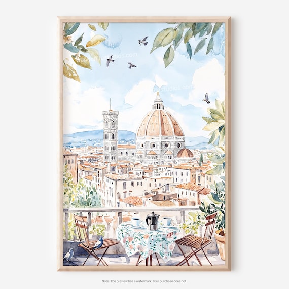 Florence Duomo View from a Balcony Morning Coffee Watercolor Poster