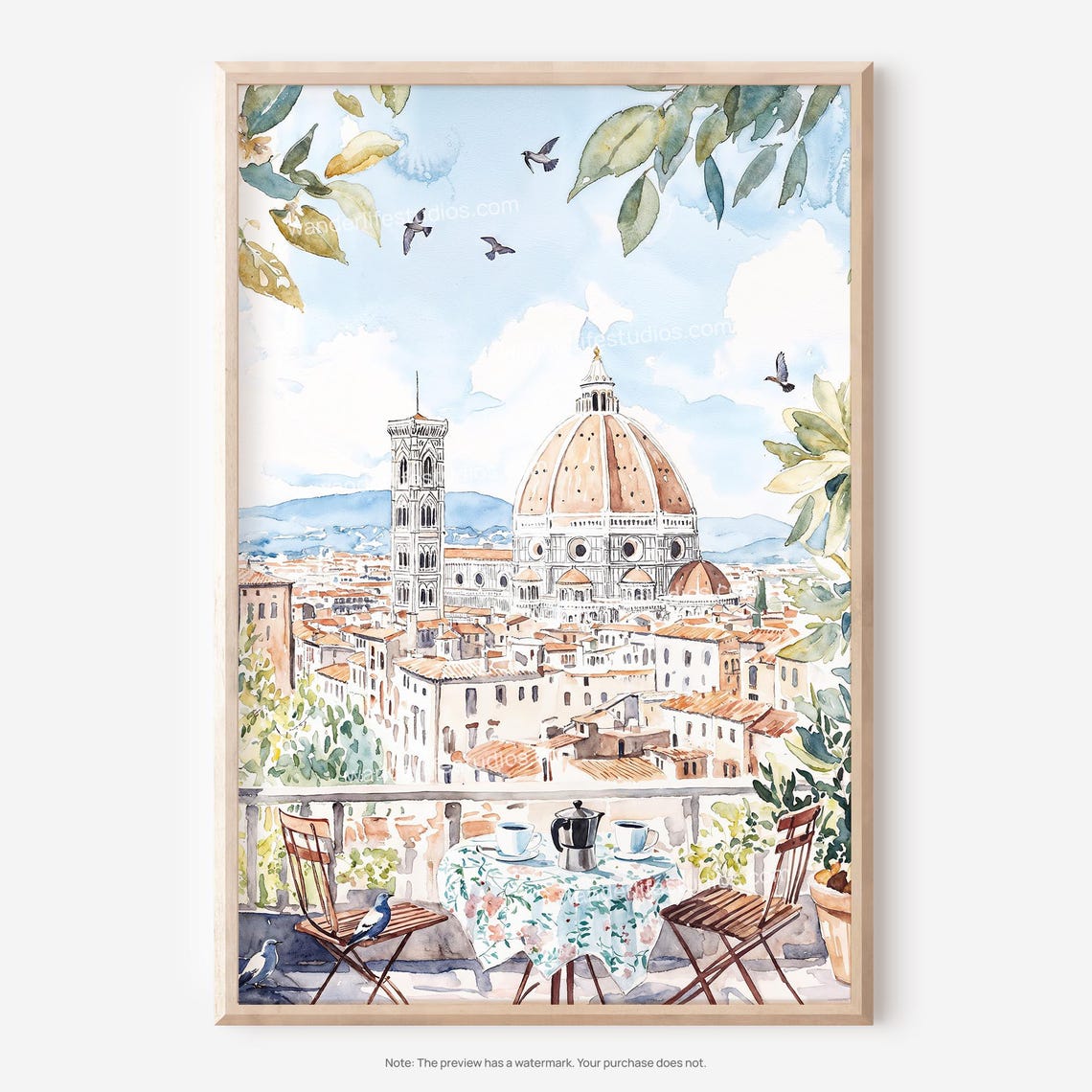 Florence Duomo View from a Balcony Morning Coffee Watercolor Poster