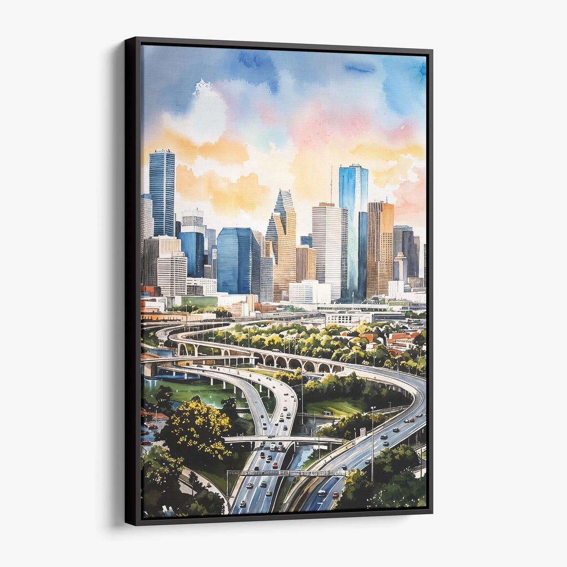 Houston Skyline Canvas Print Watercolor Urban Landscape Wall Art