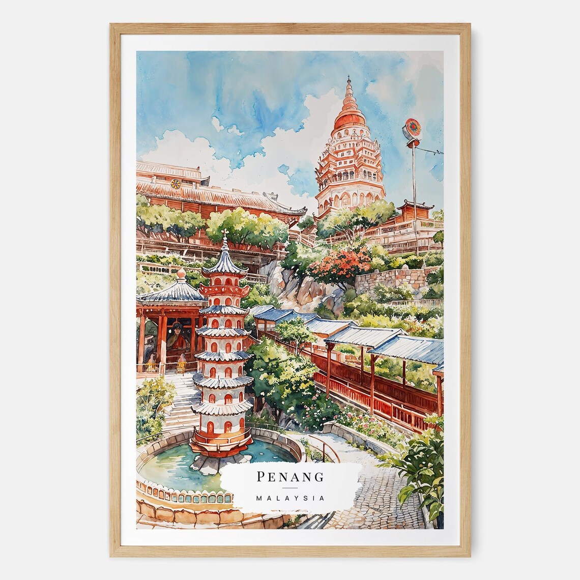 Penang Malaysia Temple Pagoda Vibrant Watercolor Travel Poster