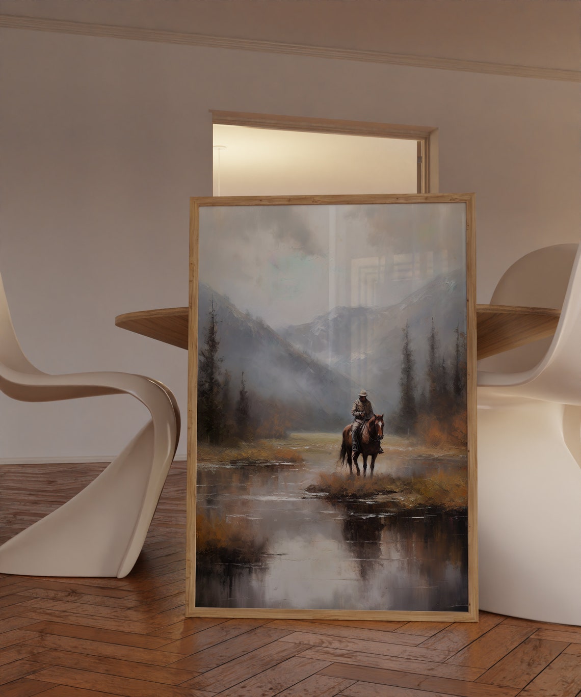 Cowboy on Horseback Crossing a Misty Mountain River Wall Poster