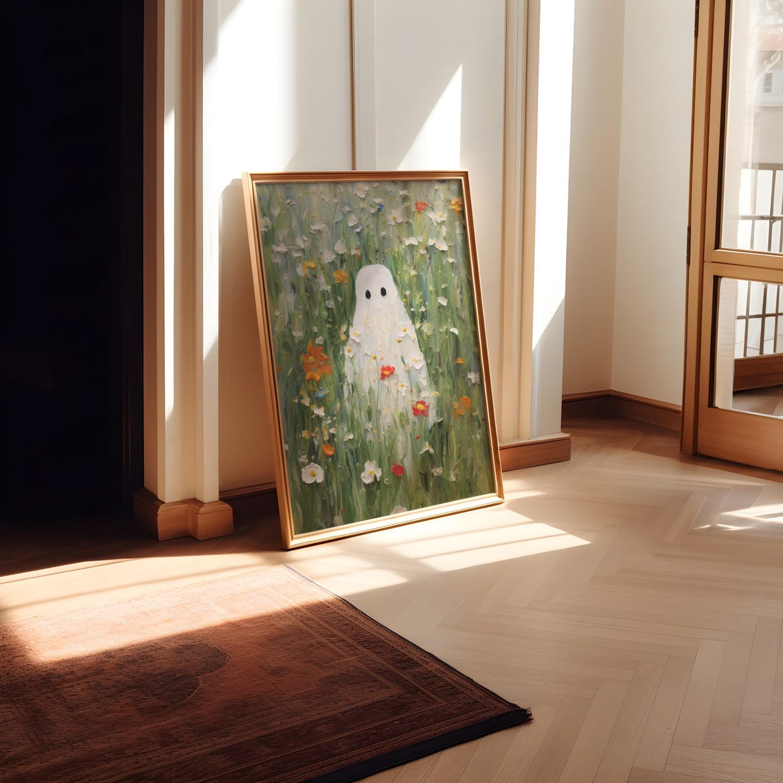 Cute Ghost in a Green Wildflower Meadow with Daisies Wall Poster - Image 3