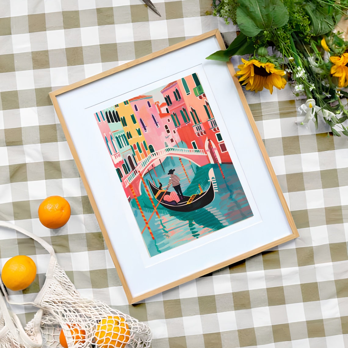 Venice Gondola Under Bridge with Colorful Pastel Palazzos Poster - Image 3