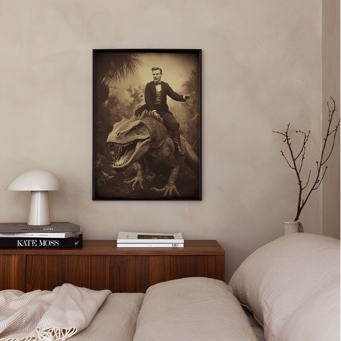Victorian Gentleman Riding A Dinosaur Sepia Photo Art Poster - Image 2