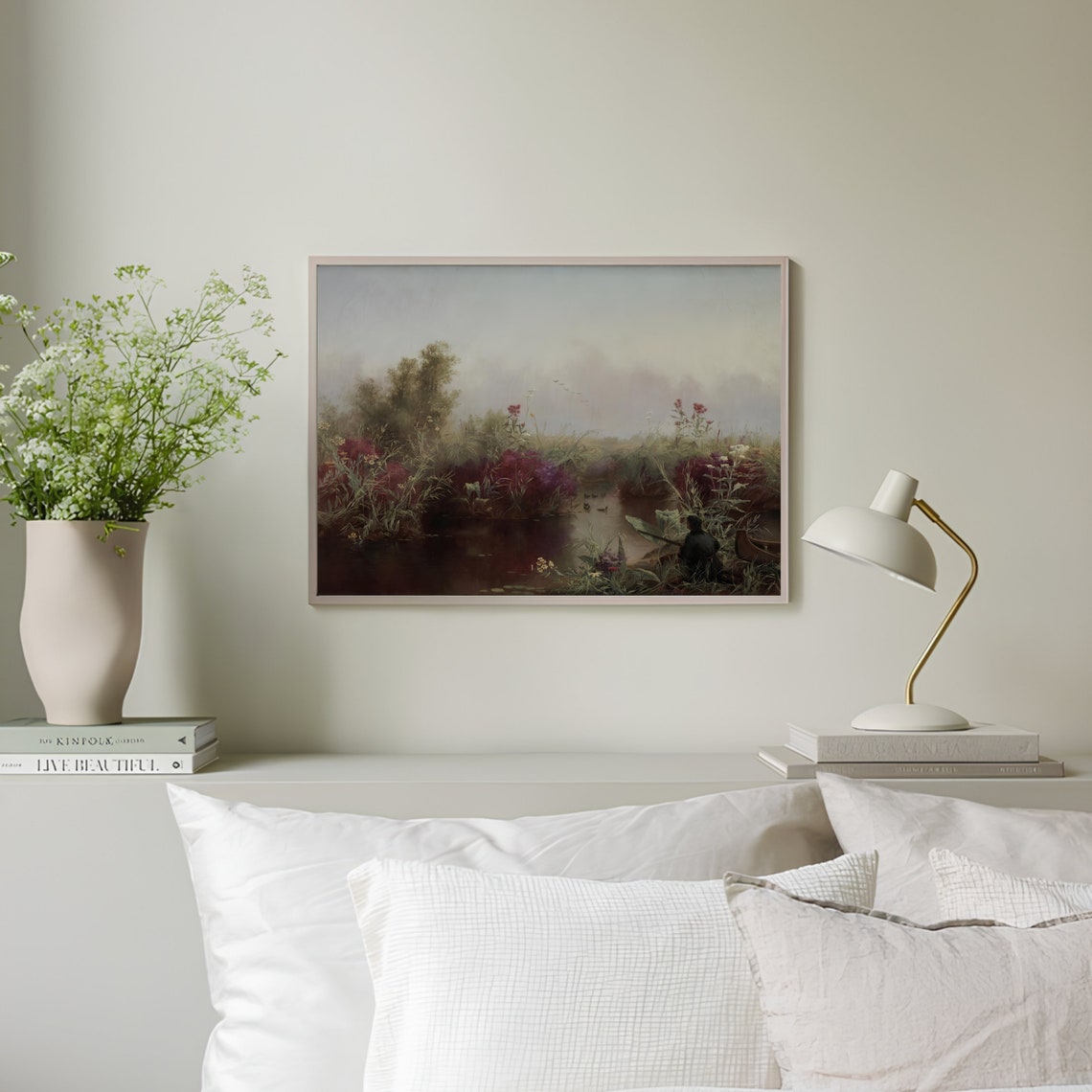 Vintage Lake Painting Vintage Landscape Painting Wildflowers Painting Lake Print Vintage Print Farmhouse Decor Rustic Country Art Print - Image 3