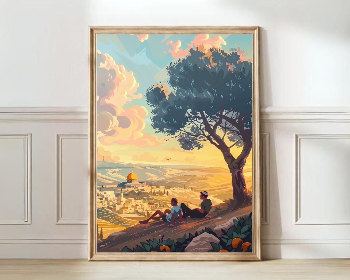 Jerusalem Old City Sunset Illustration With Dome Of The Rock Poster