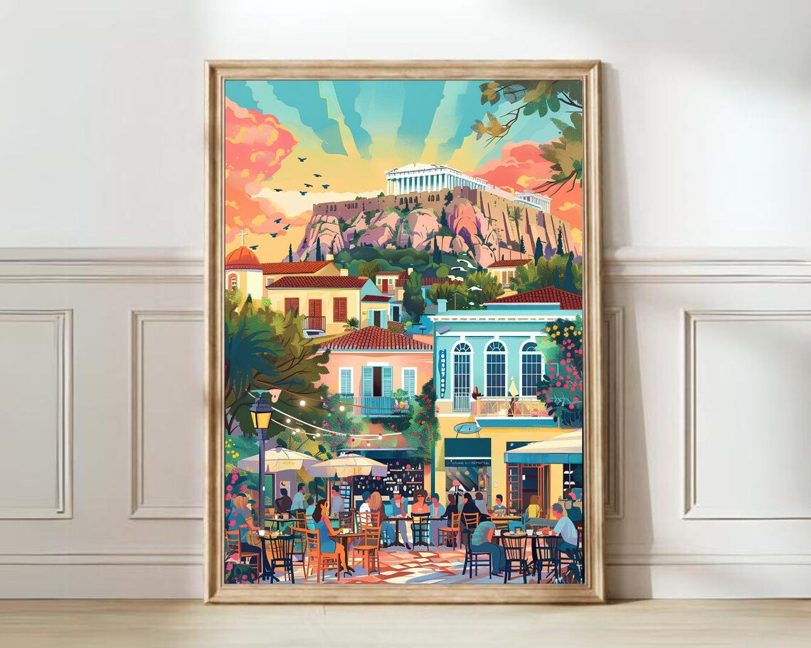 Athens Illustration Greece Travel Poster, Acropolis