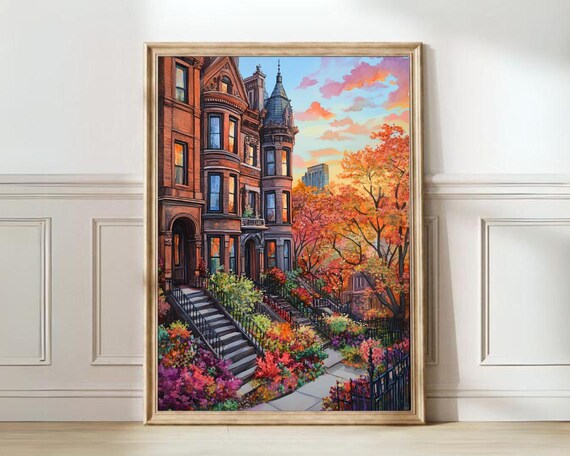 Chicago Brownstones Autumn Sunset Watercolor Fall Foliage Poster