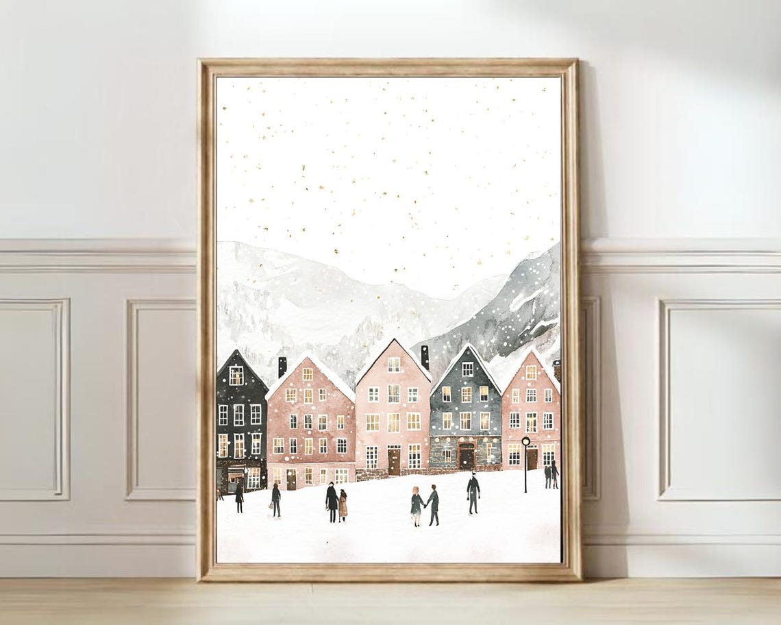 Norway Winter Village Snowfall Muted Pastel Houses Art Poster