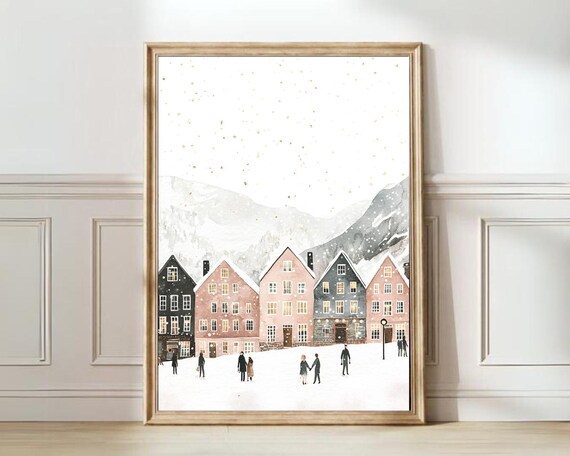 Norway Winter Village Snowfall Muted Pastel Houses Art Poster