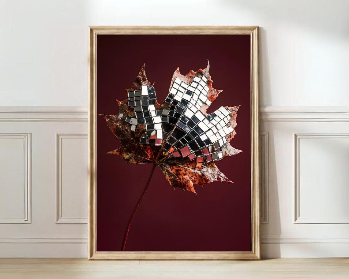 Disco Ball Maple Leaf Burgundy Trendy Modern Fall Decor Poster