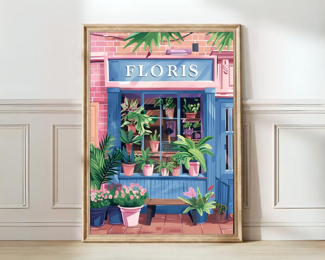 Floris Flower Shop Illustration Poster with Pink Storefront and Plants