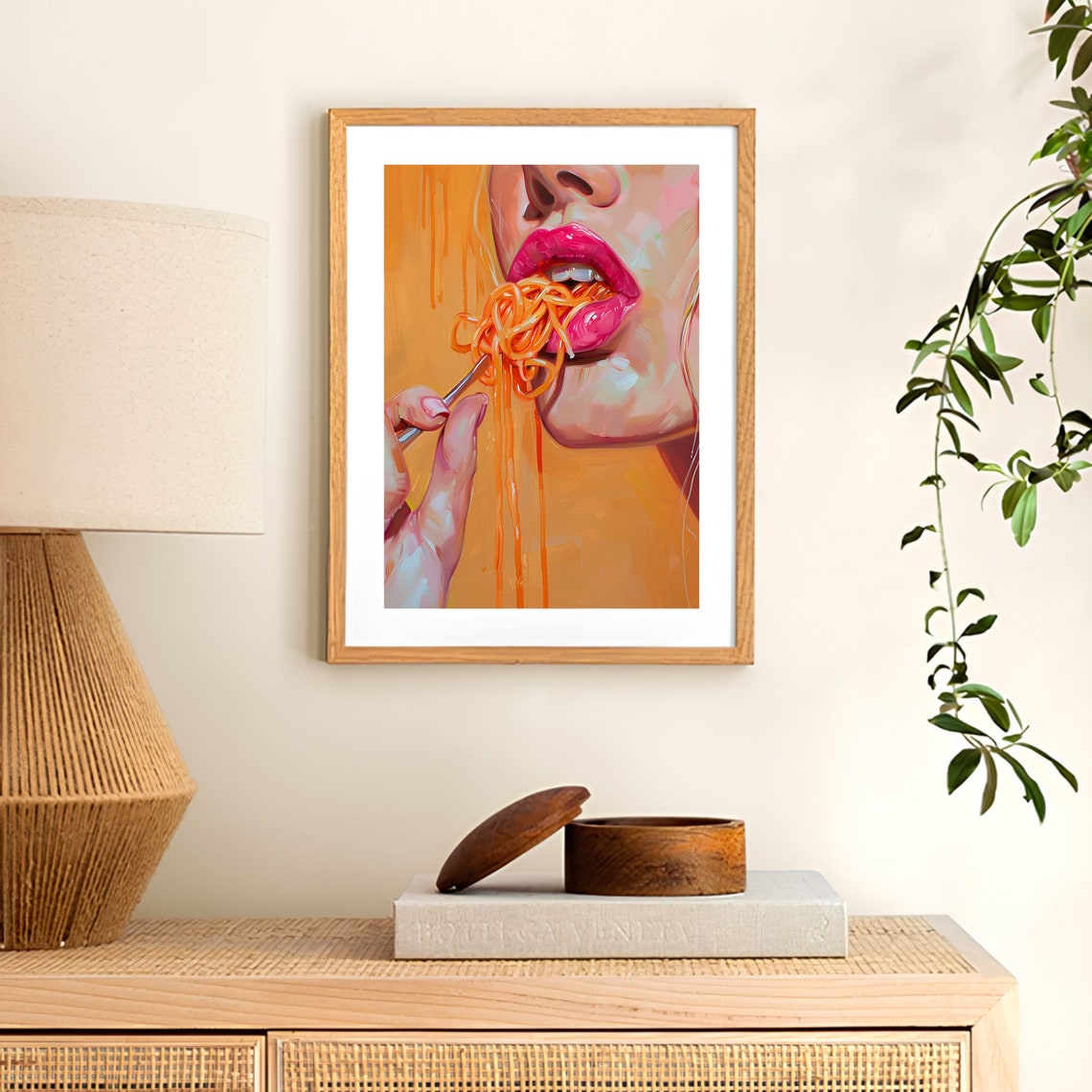 Pink Lips Eating Spaghetti Pop Art Orange Kitchen Food Poster - Image 3