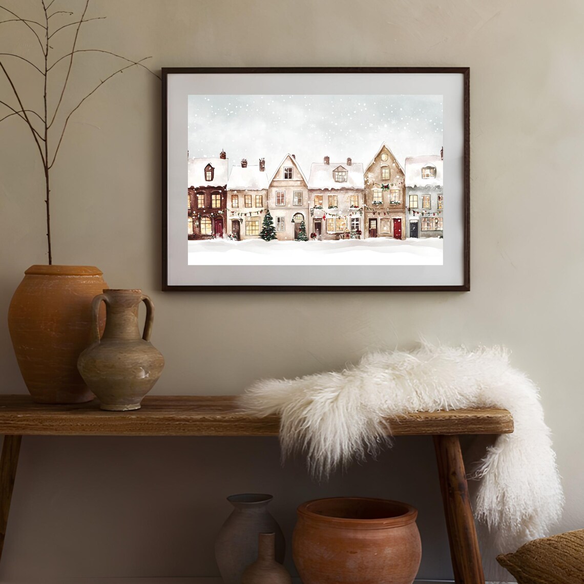 Snowy Christmas Village Street Watercolor Holiday Art Poster - Image 3