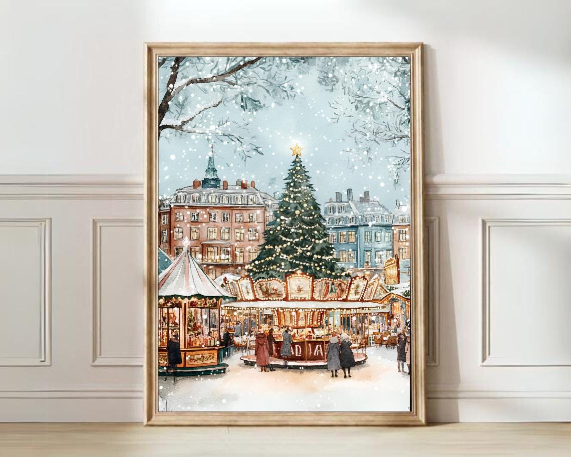 Copenhagen Christmas Market Carousel Snowy Square Holiday Art Poster
