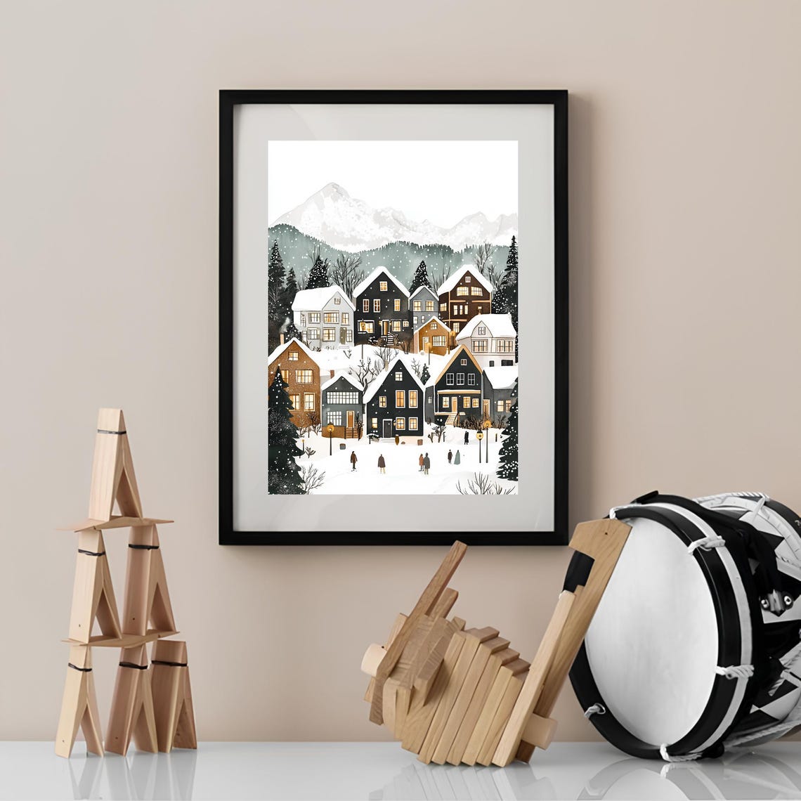 Norway Snowy Hillside Cabins Pines Mountains Winter Art Poster - Image 2