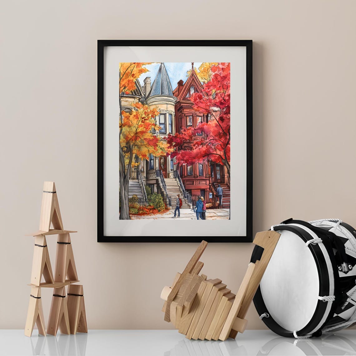 Brooklyn Brownstones Autumn Fall Foliage Watercolor Street Poster - Image 2
