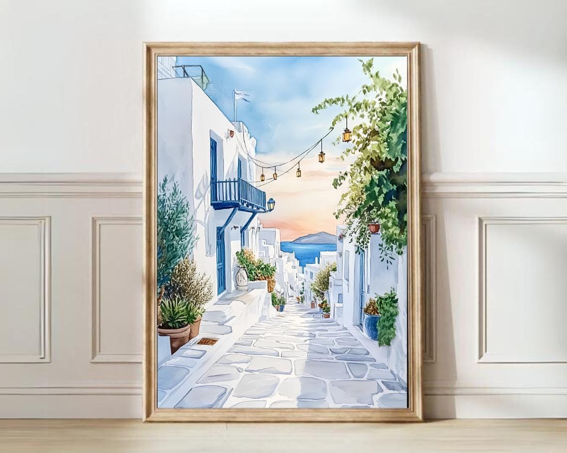 Paros Greece Whitewashed Alley Sunset Watercolor Travel Poster