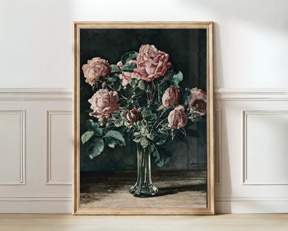 Moody Pink Peonies Painting Vintage Flower Print Dark Floral Print Vintage Roses Print Still Life Farmhouse Decor
