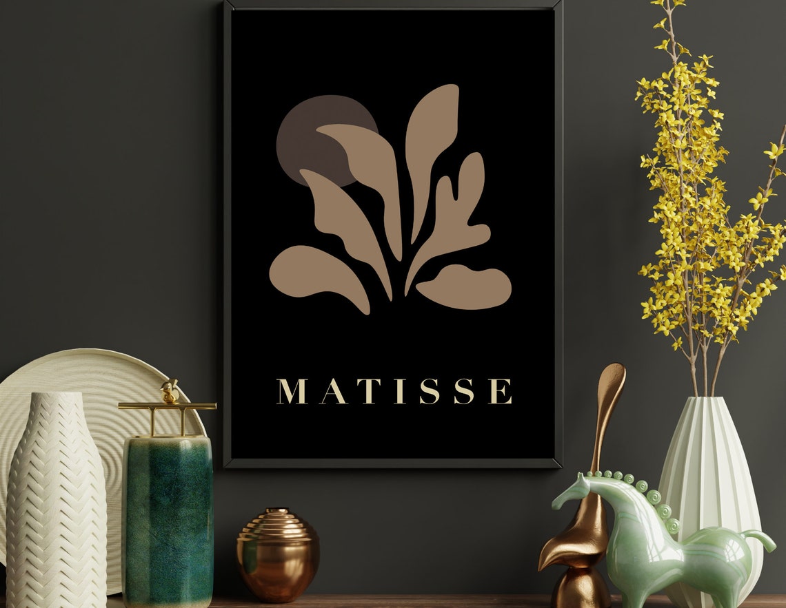 Matisse Inspired Beige Leaf Cutout On Black Abstract Art Poster - Image 3