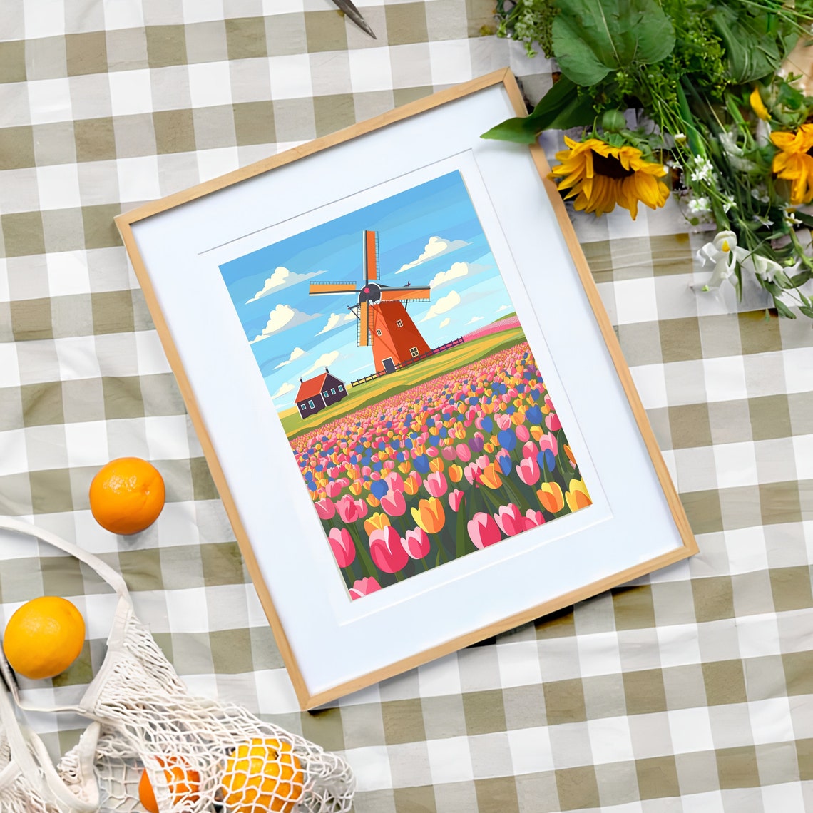 Netherlands Tulip Field with Red Windmill Springtime Scene Poster - Image 3