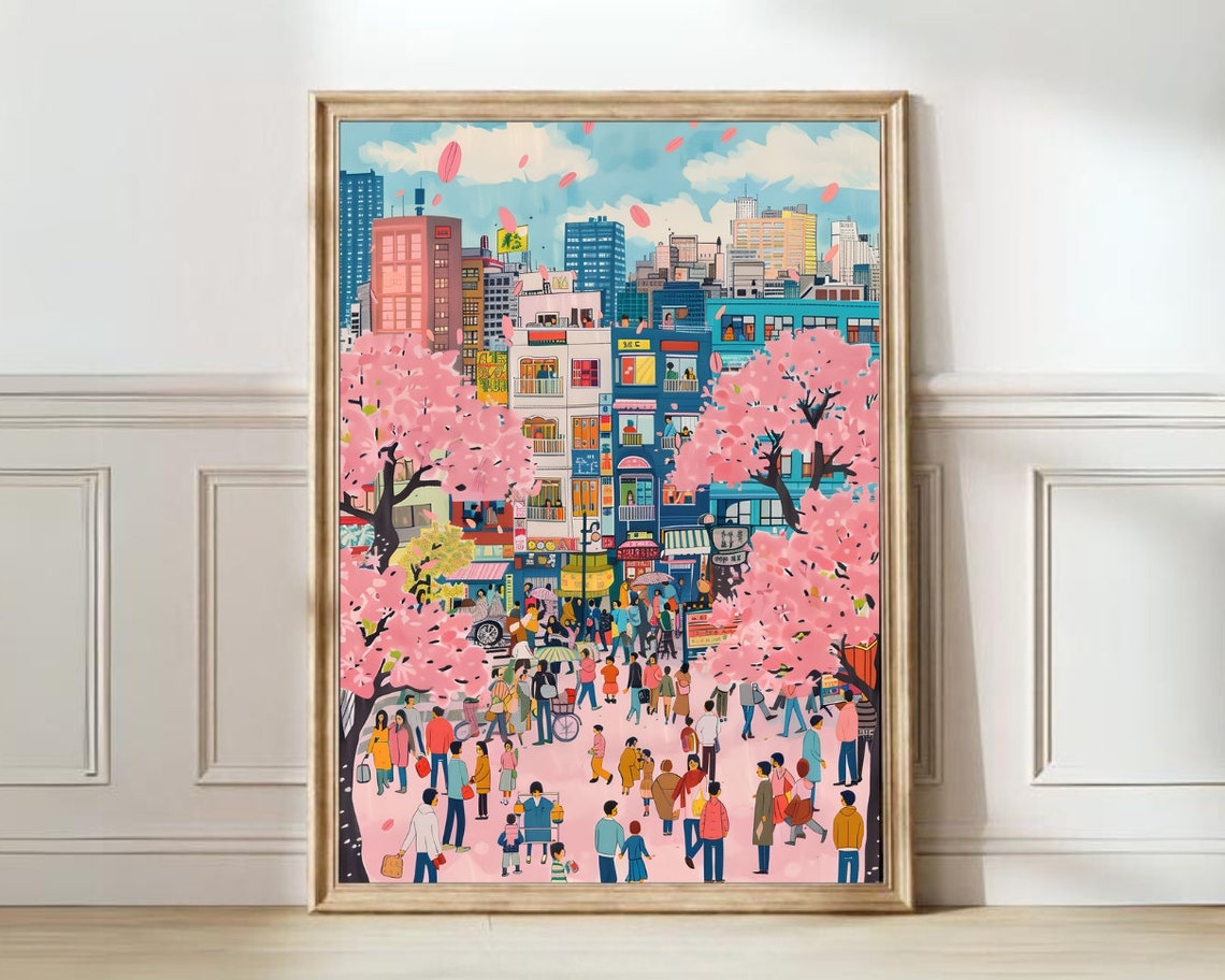 Tokyo Cherry Blossom Street Scene Colorful City Illustration Poster