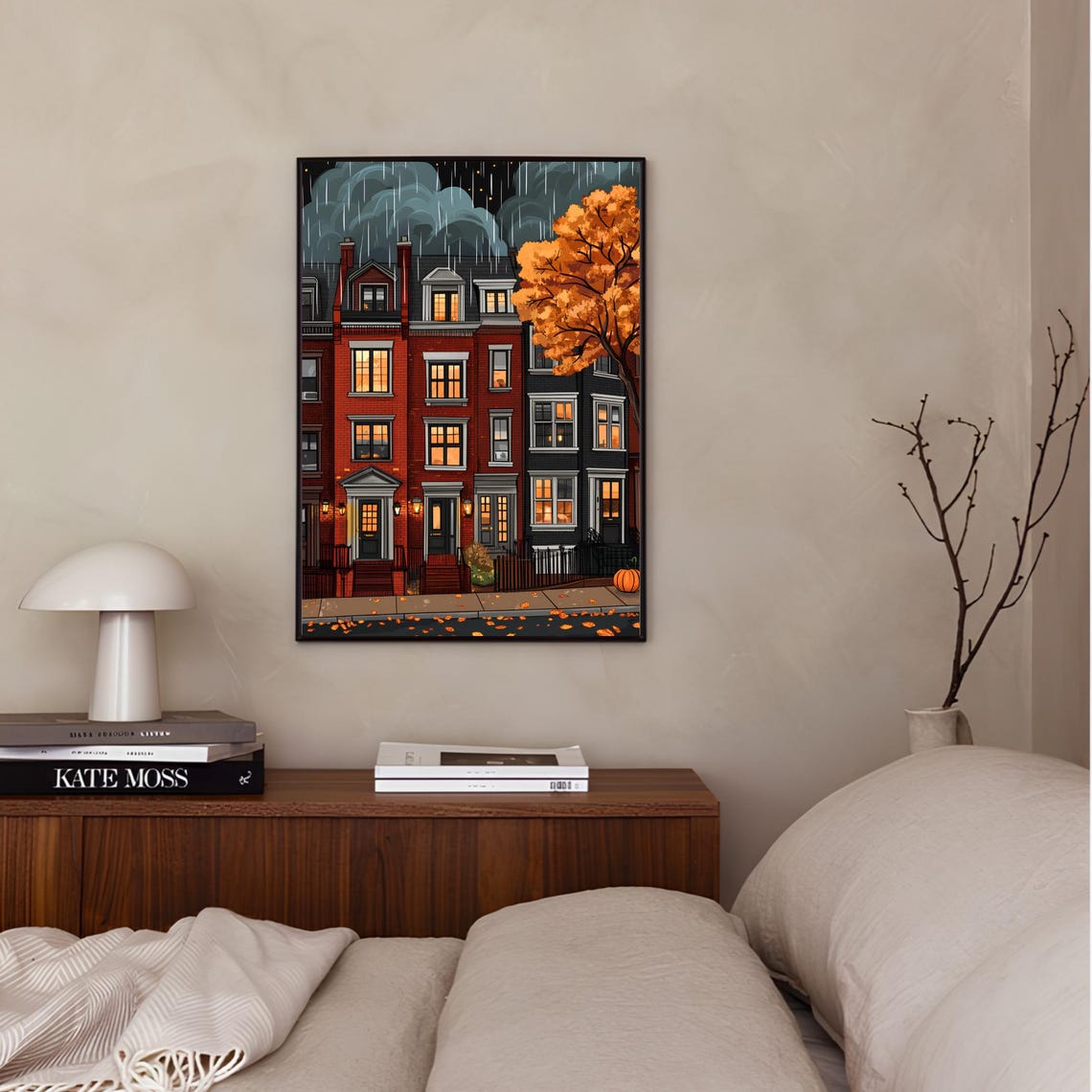 Chicago Brick Rowhouses Rainy Autumn Night Illustration Poster - Image 3