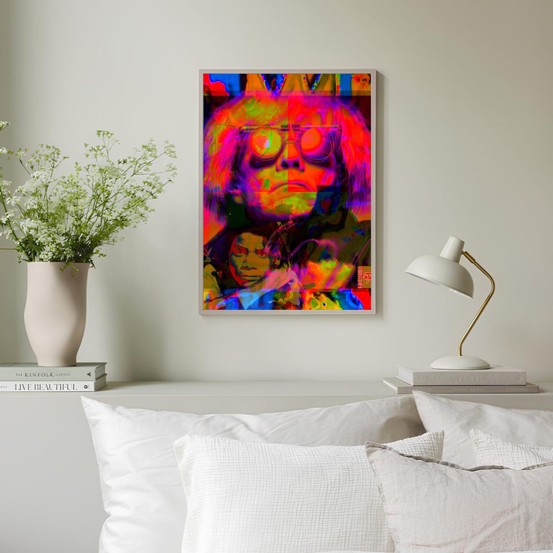 Basquiat And Warhol Neon Pop Art Glitch Collage Portrait Poster - Image 3