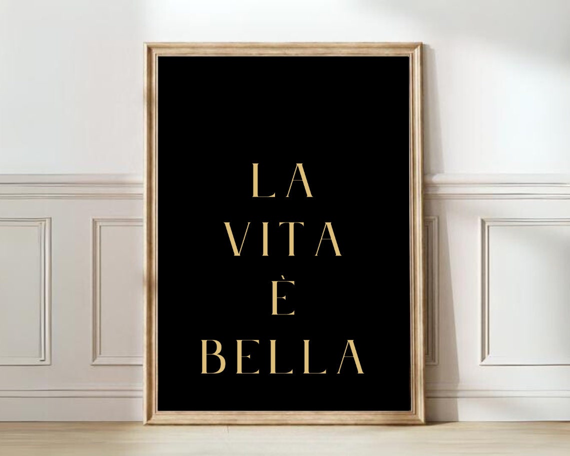 La Vita E Bella Gold Typography on Black Minimalist Quote Poster
