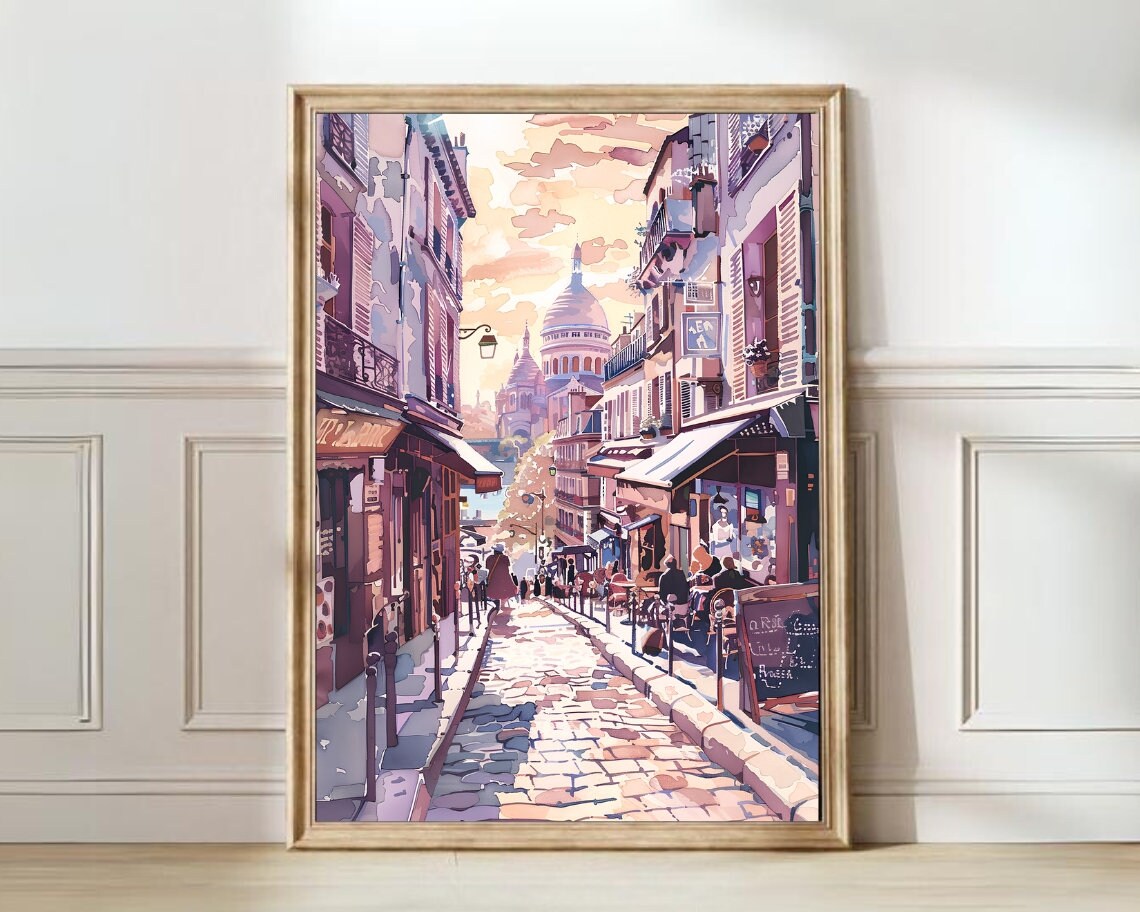 Paris Montmartre Street with Sacre Coeur Watercolor Sunset Poster