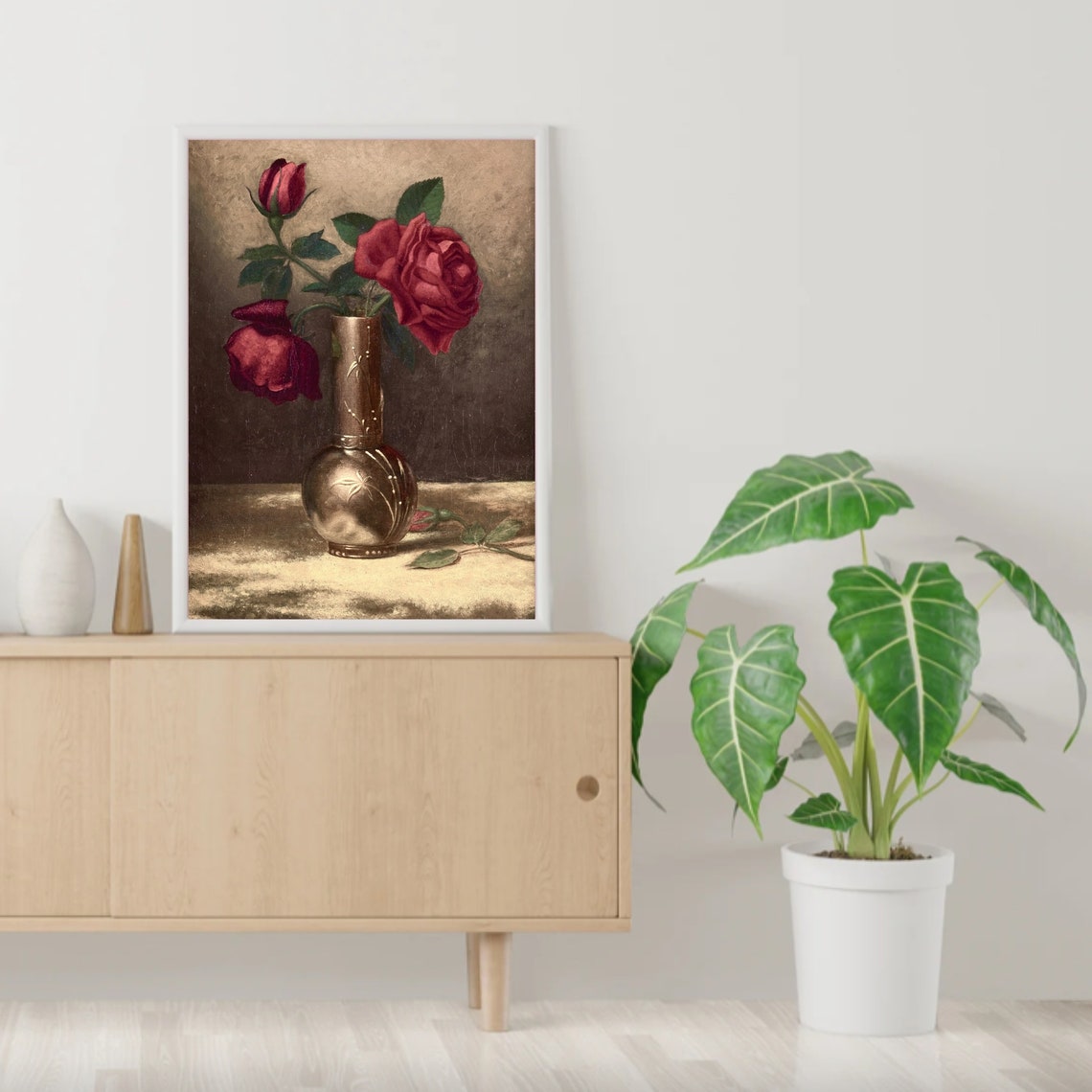 Moody Deep Red Roses in Antique Brass Vase Vintage Floral Art Print - Image 2