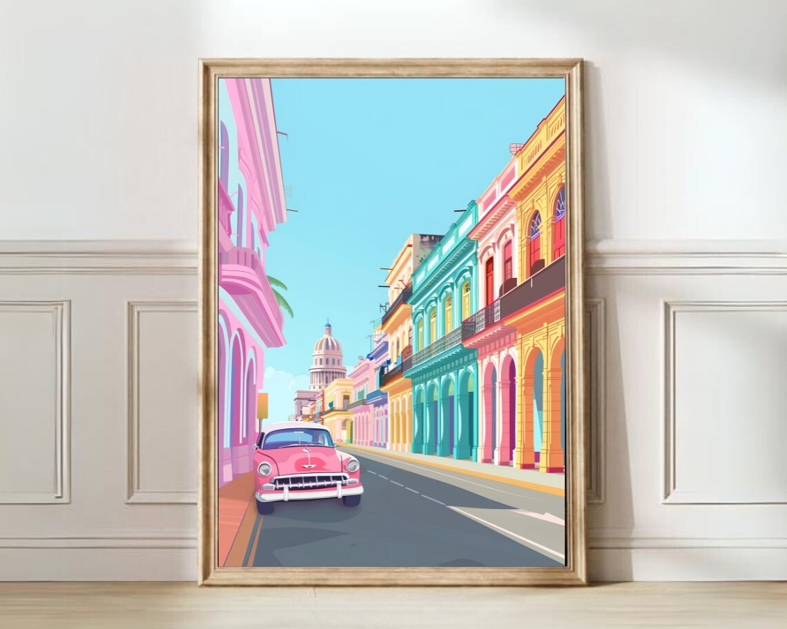 Havana Cuba Vintage Street Scene With Classic Car Travel Poster