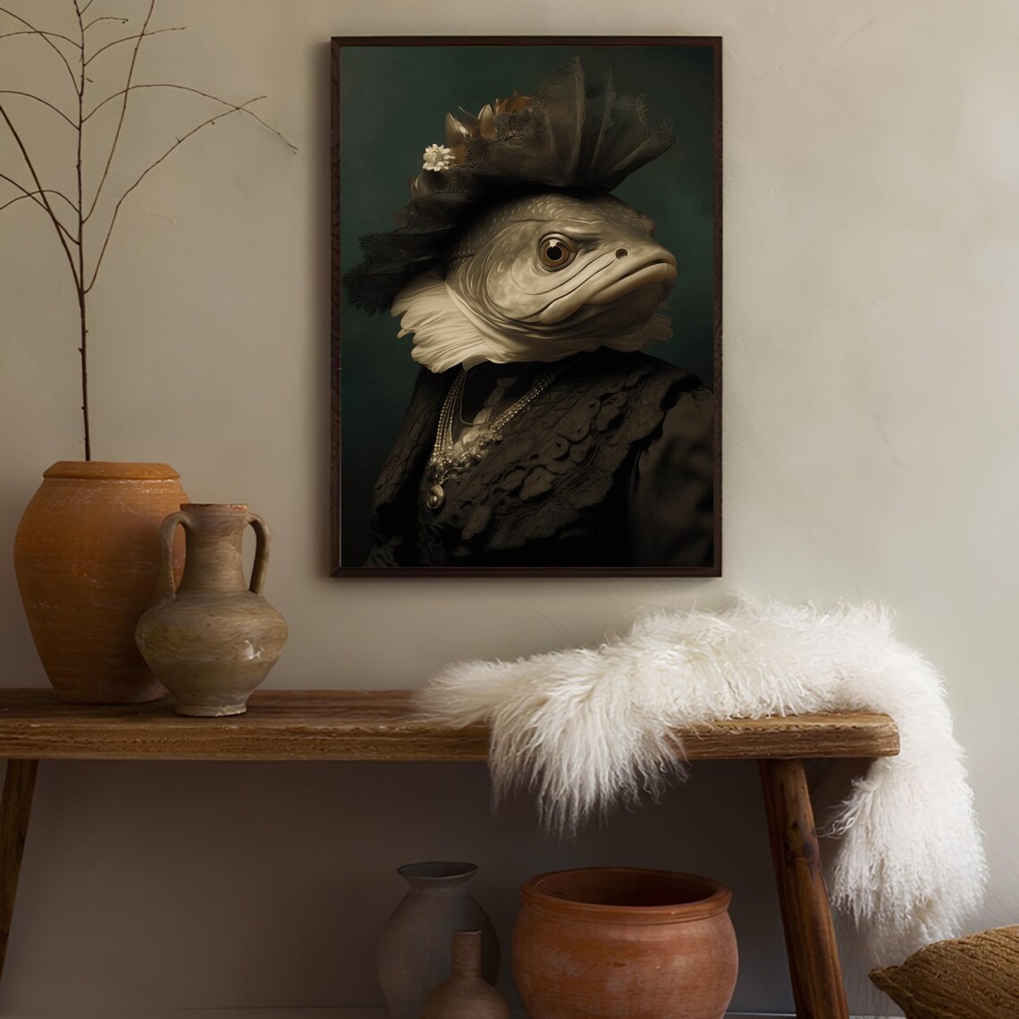 Victorian Fish Lady Portrait In Vintage Gown Dark Academia Poster - Image 2