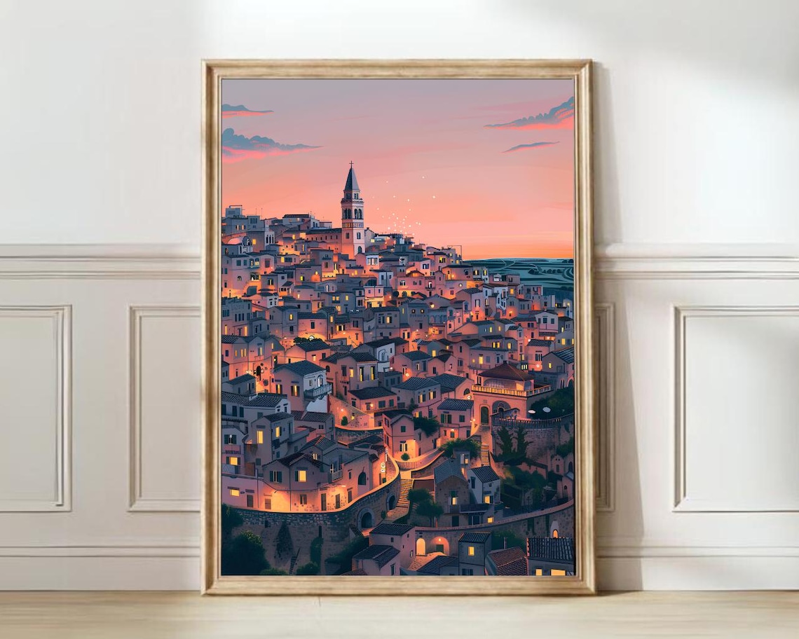 Matera Italy Sunset Glow Hilltop Old Town Skyline Illustration Poster