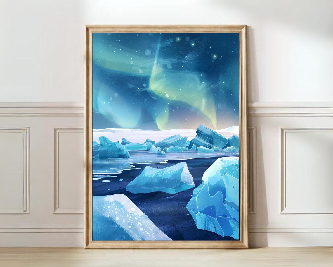 Iceland Aurora Borealis Travel Poster, Diamond Beach