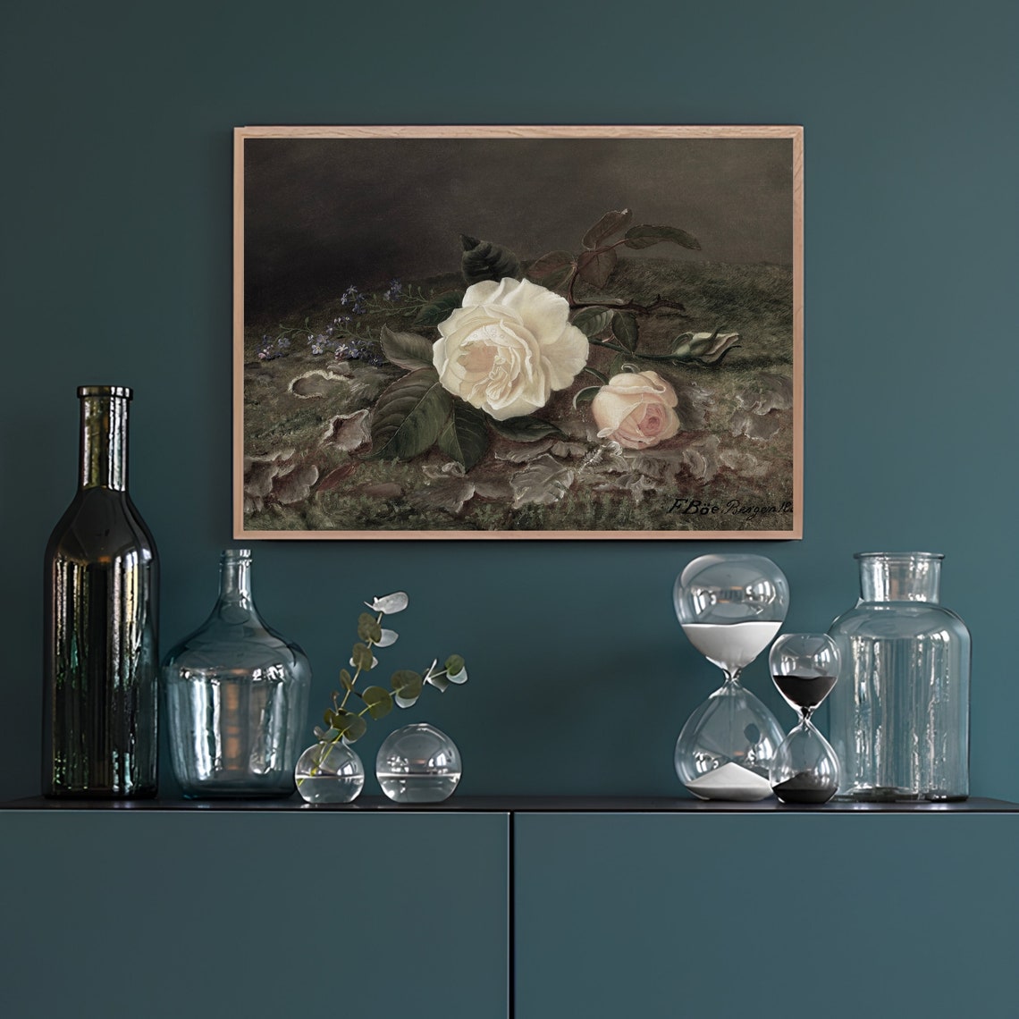 Vintage White Rose Bouquet on a Dark Background Floral Poster - Image 2